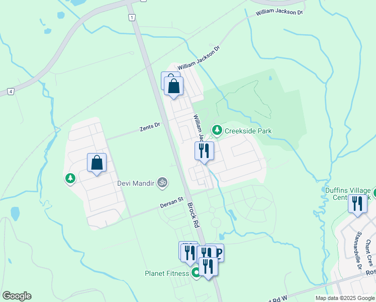 map of restaurants, bars, coffee shops, grocery stores, and more near 2540 William Jackson Drive in Pickering