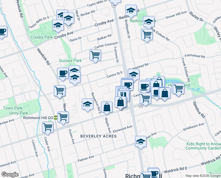 map of restaurants, bars, coffee shops, grocery stores, and more near 37 Benfer Road in Richmond Hill
