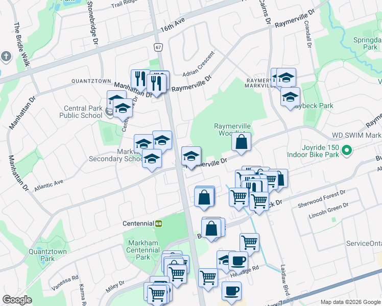 map of restaurants, bars, coffee shops, grocery stores, and more near 2 Raymerville Drive in Markham
