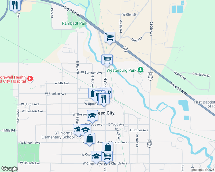 map of restaurants, bars, coffee shops, grocery stores, and more near 228 North Chestnut Street in Reed City