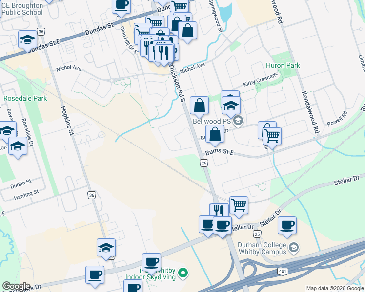 map of restaurants, bars, coffee shops, grocery stores, and more near 2 Corral Court in Whitby