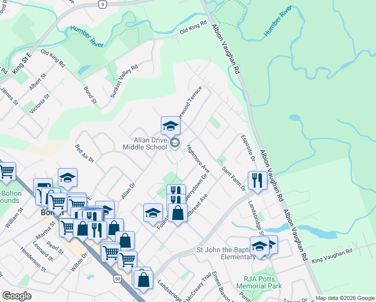 map of restaurants, bars, coffee shops, grocery stores, and more near 36 Highmore Avenue in Caledon