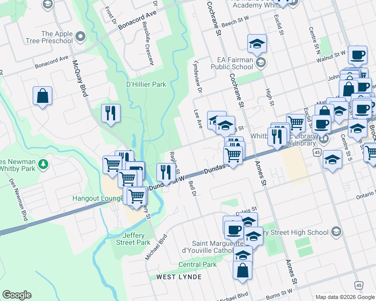 map of restaurants, bars, coffee shops, grocery stores, and more near 120 Wellington Street in Whitby