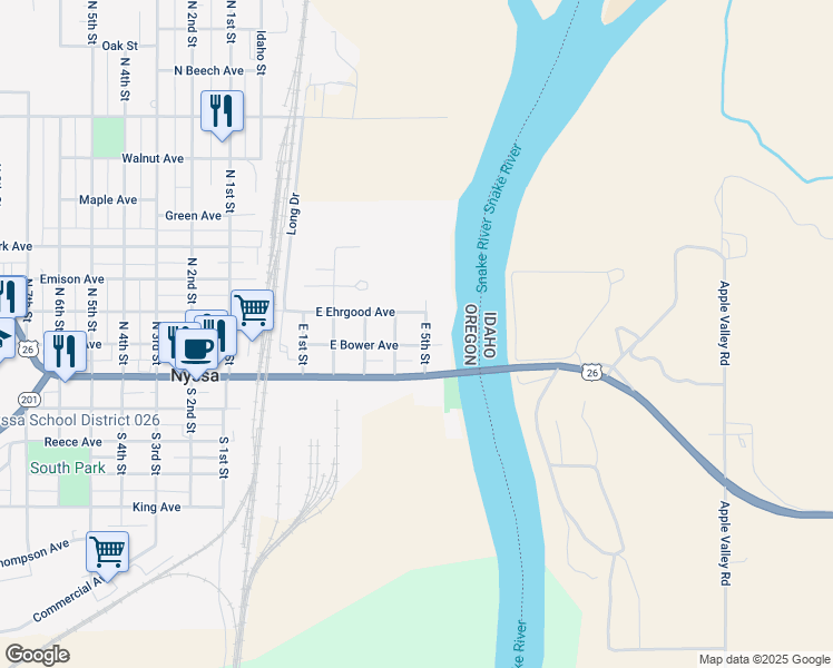 map of restaurants, bars, coffee shops, grocery stores, and more near 103 East 5th Street in Nyssa