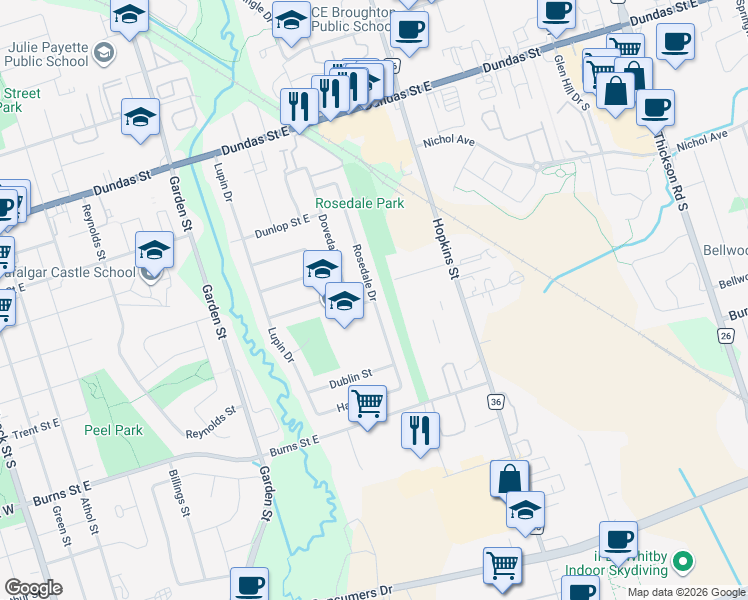 map of restaurants, bars, coffee shops, grocery stores, and more near Rosedale Drive in Whitby