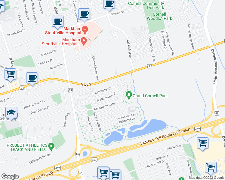 map of restaurants, bars, coffee shops, grocery stores, and more near 3 Kalvinster Drive in Markham