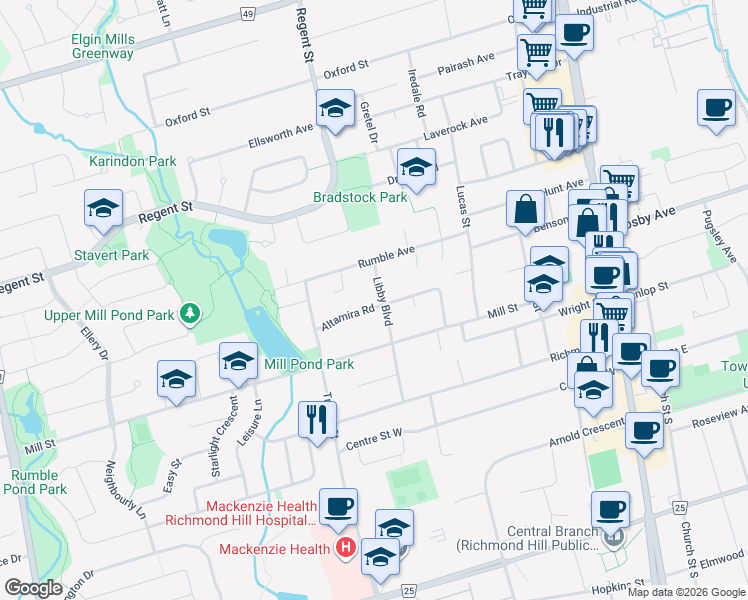 map of restaurants, bars, coffee shops, grocery stores, and more near 213 Altamira Road in Richmond Hill