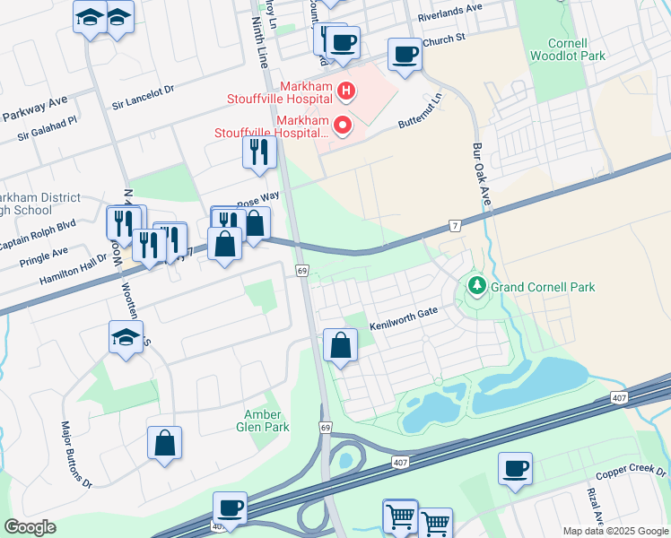 map of restaurants, bars, coffee shops, grocery stores, and more near in Markham
