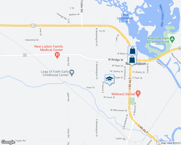 map of restaurants, bars, coffee shops, grocery stores, and more near 611 West Liberty Street in New Lisbon