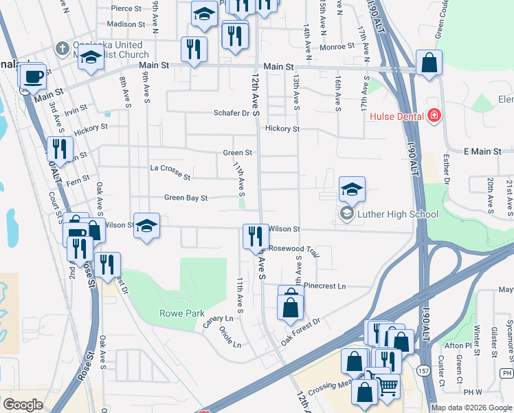 map of restaurants, bars, coffee shops, grocery stores, and more near 611 12th Avenue South in Onalaska