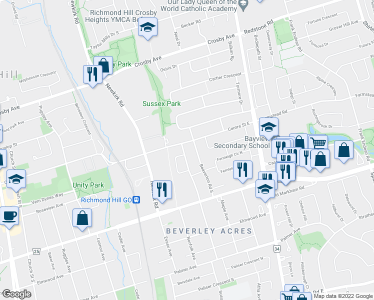 map of restaurants, bars, coffee shops, grocery stores, and more near 11 Sussex Avenue in Richmond Hill