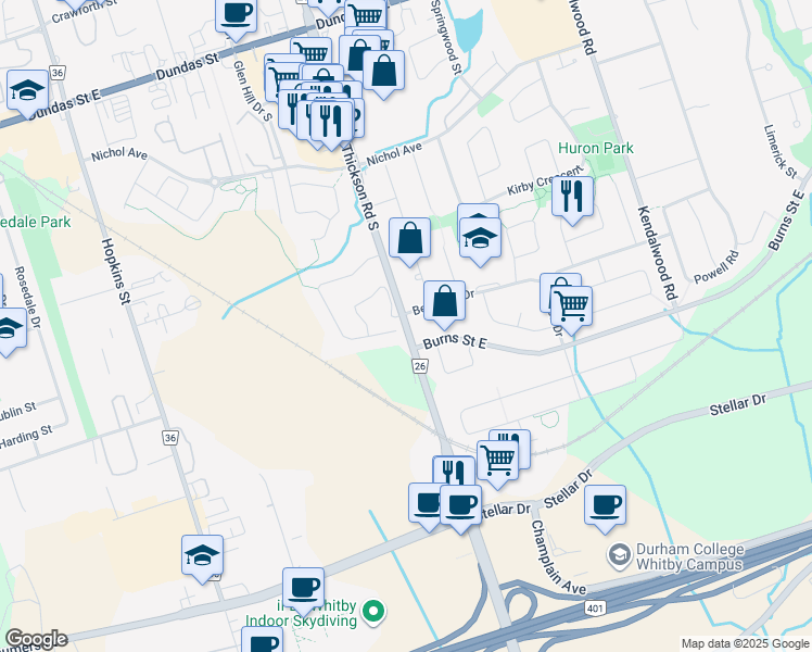map of restaurants, bars, coffee shops, grocery stores, and more near 152 Thickson Road South in Whitby