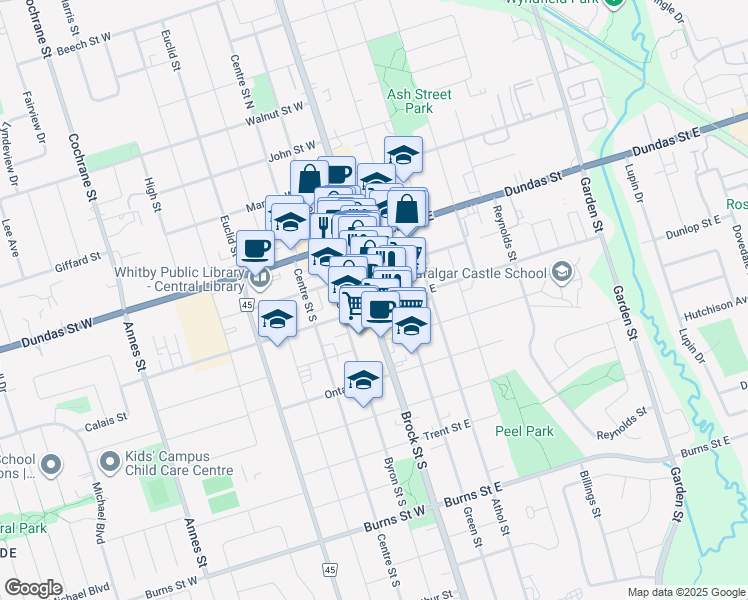 map of restaurants, bars, coffee shops, grocery stores, and more near 231 Brock Street South in Whitby