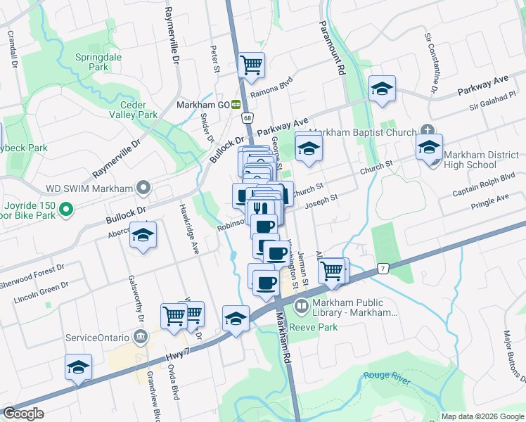 map of restaurants, bars, coffee shops, grocery stores, and more near 109 Main Street Markham North in Markham