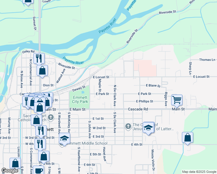 map of restaurants, bars, coffee shops, grocery stores, and more near 817 Terry Drive in Emmett