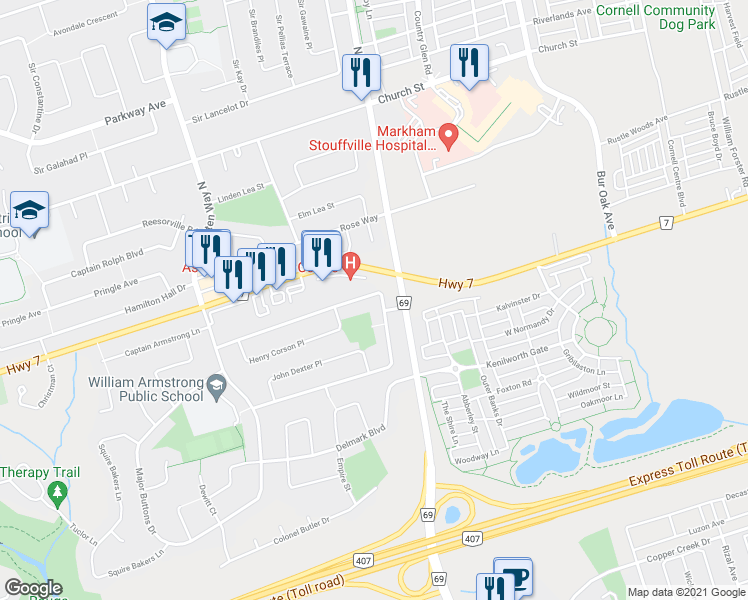 map of restaurants, bars, coffee shops, grocery stores, and more near 69 Senator Reesor's Drive in Markham
