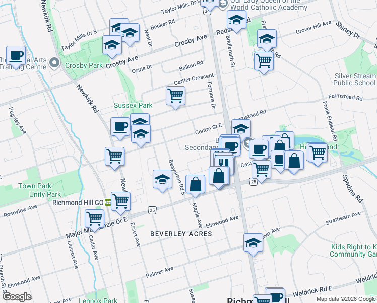 map of restaurants, bars, coffee shops, grocery stores, and more near 392 Bent Crescent in Richmond Hill