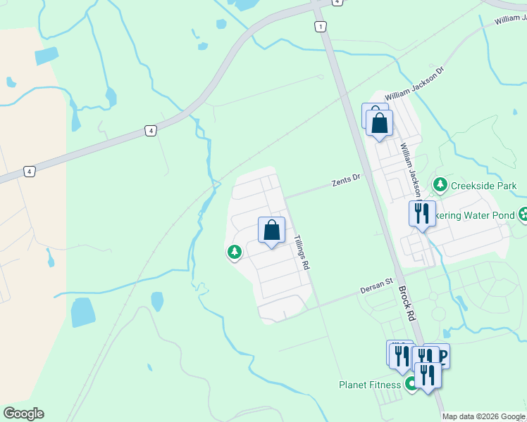 map of restaurants, bars, coffee shops, grocery stores, and more near 1599 Brandy Court in Pickering
