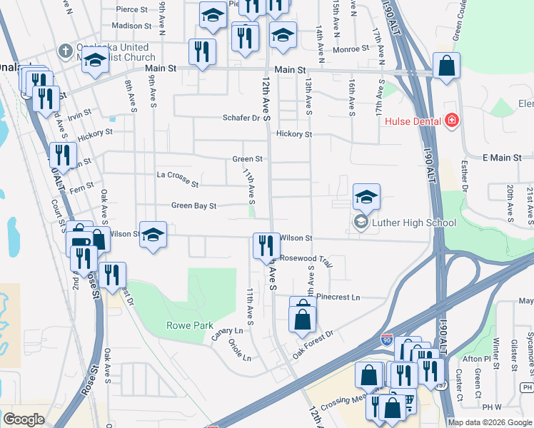 map of restaurants, bars, coffee shops, grocery stores, and more near 611 12th Avenue South in Onalaska