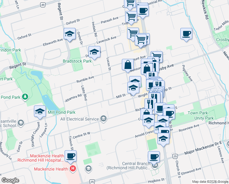 map of restaurants, bars, coffee shops, grocery stores, and more near 95 Lucas Street in Richmond Hill