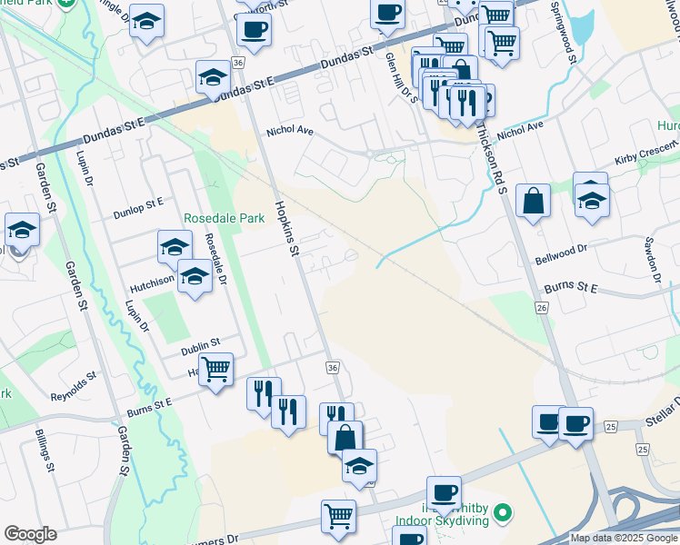 map of restaurants, bars, coffee shops, grocery stores, and more near 113 Warren Road in Whitby