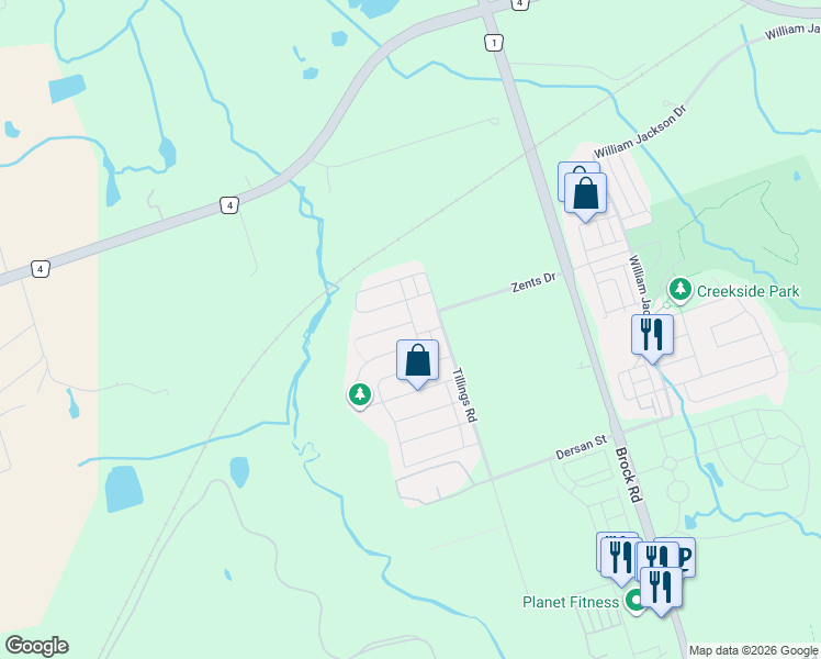 map of restaurants, bars, coffee shops, grocery stores, and more near 1603 Brandy Court in Pickering