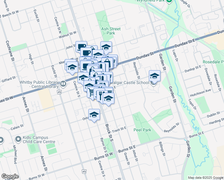 map of restaurants, bars, coffee shops, grocery stores, and more near 300 Athol Street in Whitby