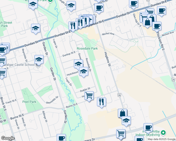 map of restaurants, bars, coffee shops, grocery stores, and more near 357 Dovedale Drive in Whitby
