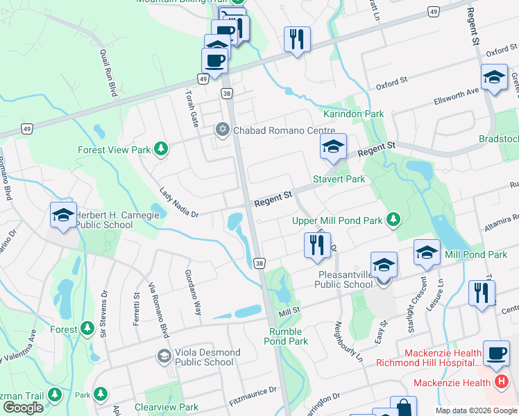map of restaurants, bars, coffee shops, grocery stores, and more near 1 Regent Street in Richmond Hill