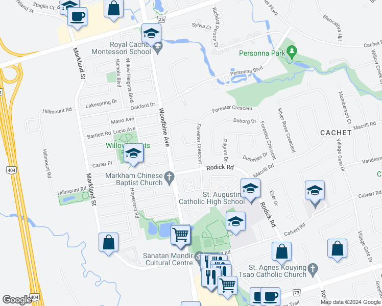 map of restaurants, bars, coffee shops, grocery stores, and more near 5 Moses Crescent in Markham
