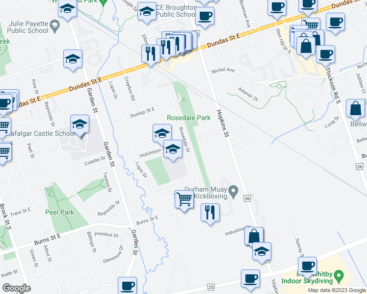 map of restaurants, bars, coffee shops, grocery stores, and more near 359 Dovedale Drive in Whitby