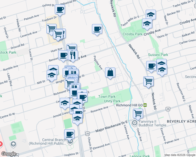 map of restaurants, bars, coffee shops, grocery stores, and more near 16 Coventry Court in Richmond Hill