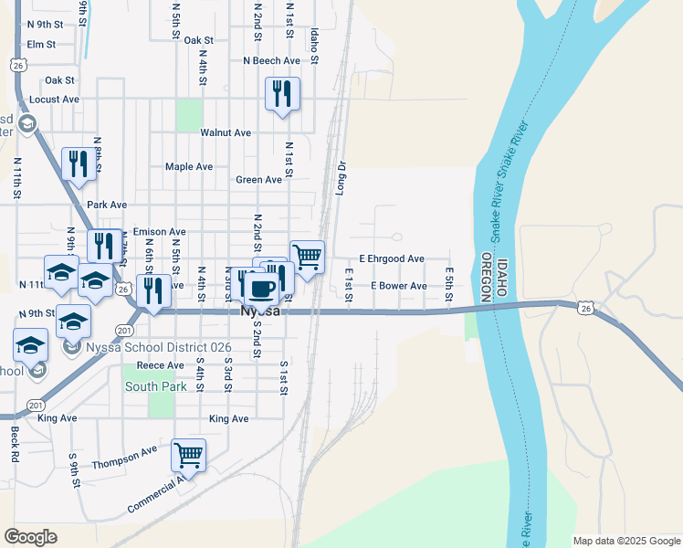 map of restaurants, bars, coffee shops, grocery stores, and more near 107 E 1st St in Nyssa