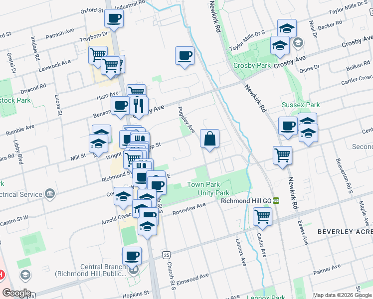 map of restaurants, bars, coffee shops, grocery stores, and more near 16 Coventry Court in Richmond Hill