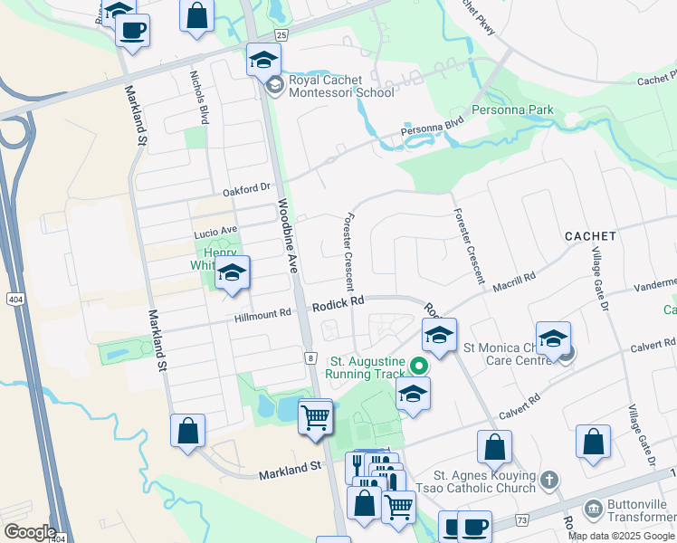 map of restaurants, bars, coffee shops, grocery stores, and more near 5 Moses Crescent in Markham