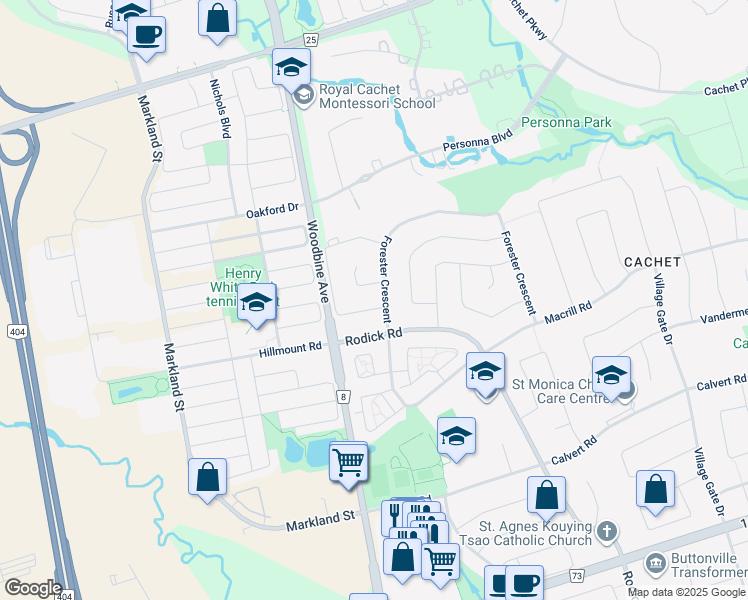map of restaurants, bars, coffee shops, grocery stores, and more near 3 Moses Crescent in Markham