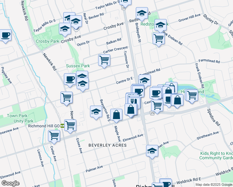 map of restaurants, bars, coffee shops, grocery stores, and more near 28 Benfer Road in Richmond Hill
