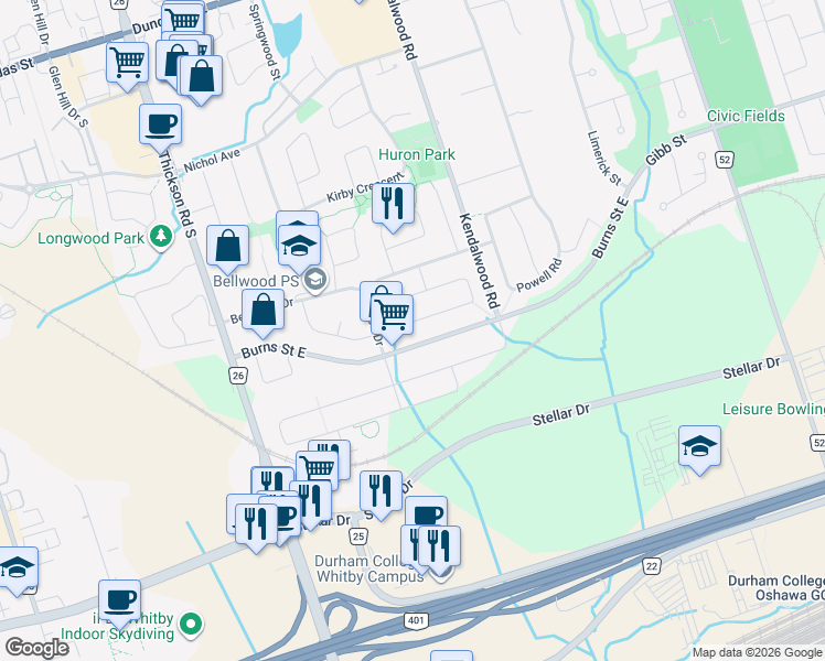 map of restaurants, bars, coffee shops, grocery stores, and more near 70 Fairmeadow Place in Whitby