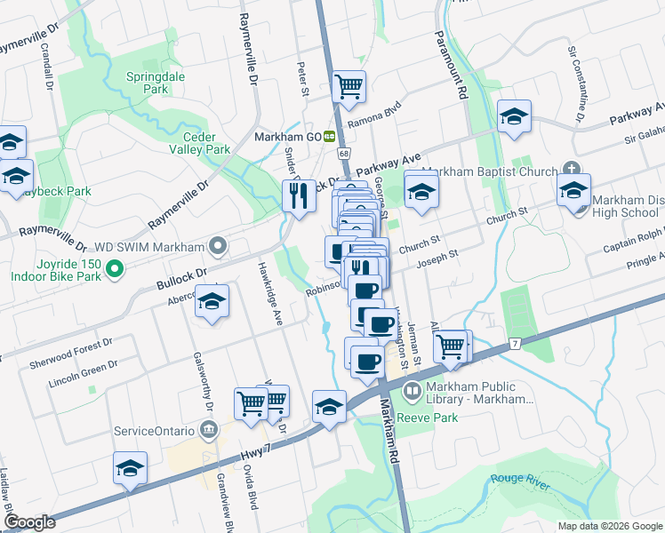 map of restaurants, bars, coffee shops, grocery stores, and more near in Markham