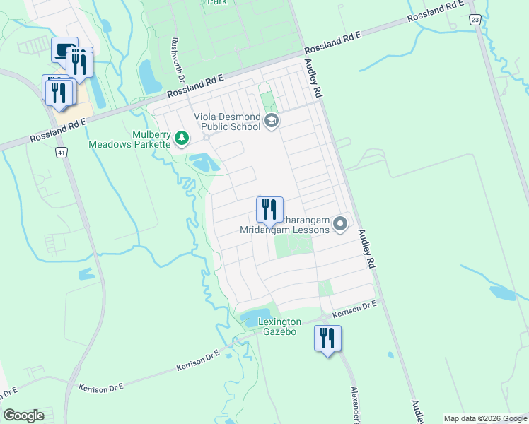map of restaurants, bars, coffee shops, grocery stores, and more near 43 Ainley Road in Ajax
