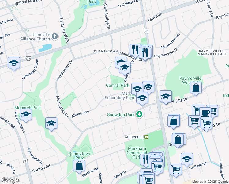 map of restaurants, bars, coffee shops, grocery stores, and more near 74 Atlantic Avenue in Markham