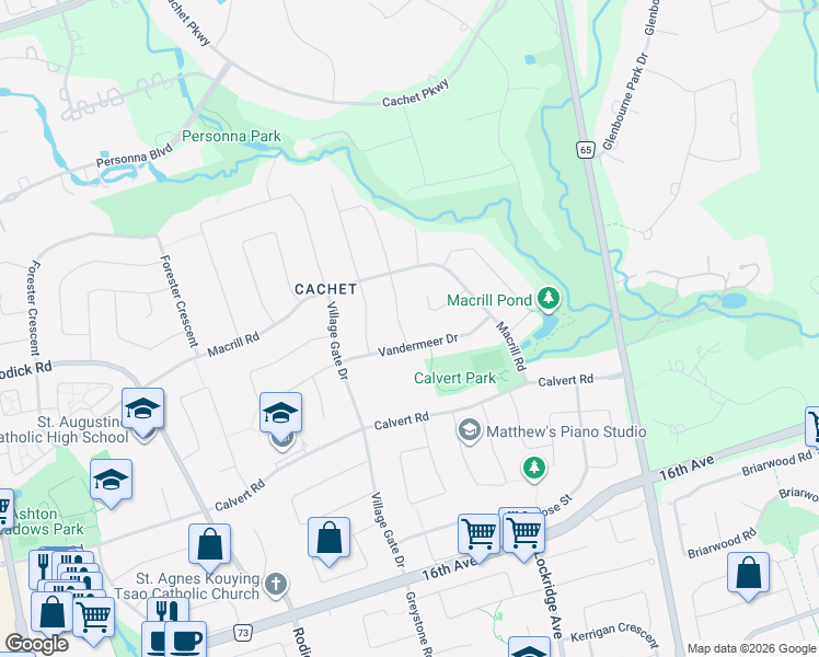map of restaurants, bars, coffee shops, grocery stores, and more near 1 Pembrooke Road in Markham