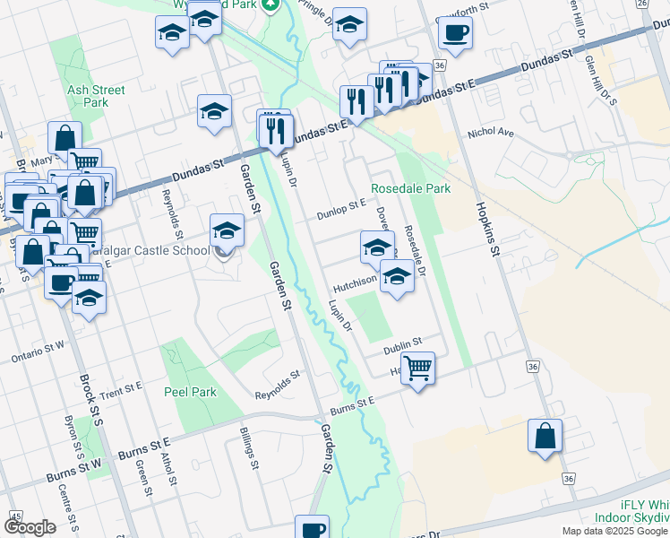 map of restaurants, bars, coffee shops, grocery stores, and more near 901 Lilac Terrace in Whitby