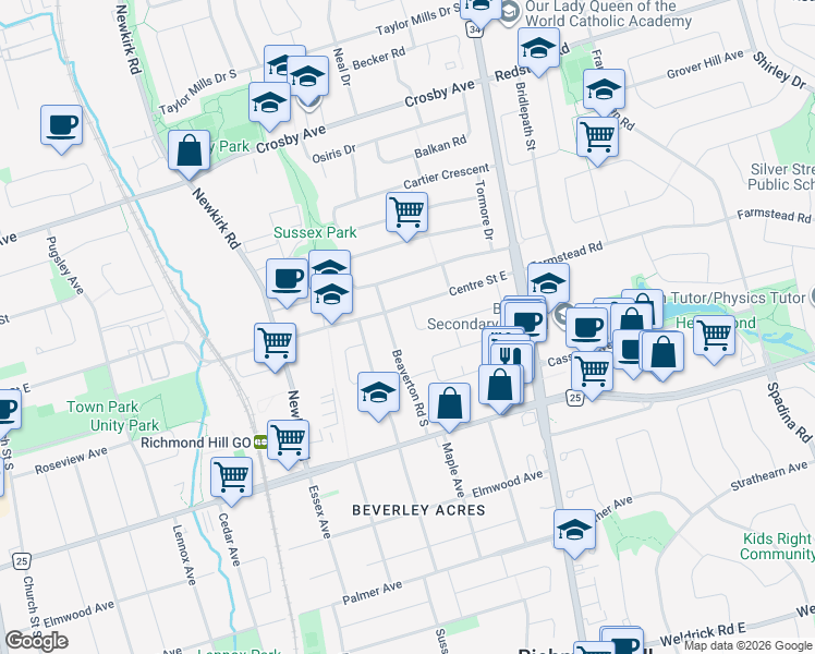 map of restaurants, bars, coffee shops, grocery stores, and more near 368 Bent Crescent in Richmond Hill