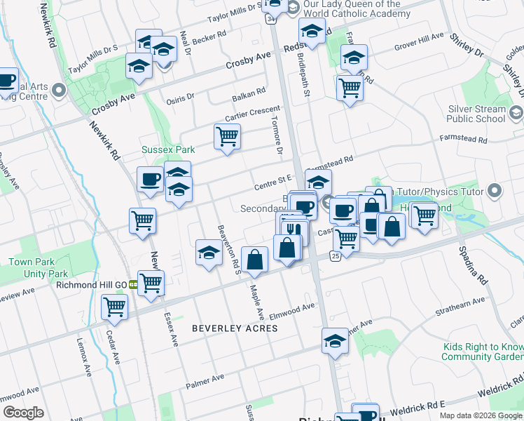 map of restaurants, bars, coffee shops, grocery stores, and more near 27 Benfer Road in Richmond Hill
