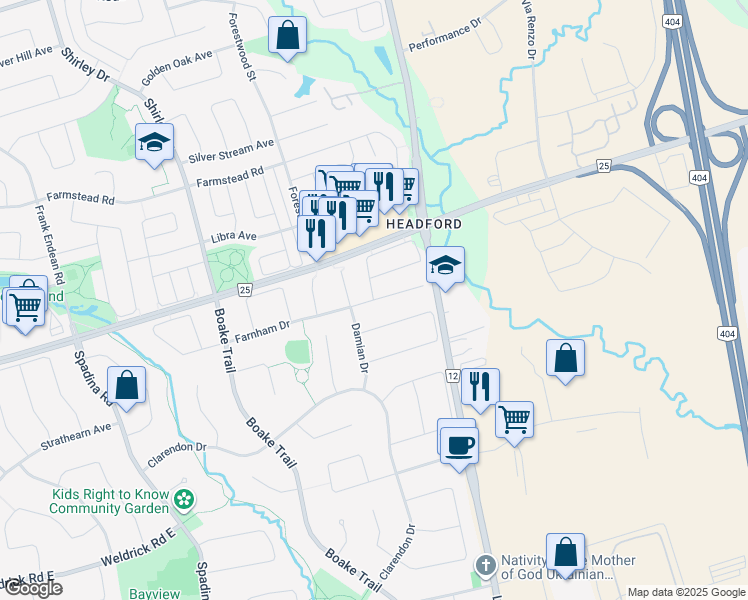map of restaurants, bars, coffee shops, grocery stores, and more near 7 Love Court in Richmond Hill