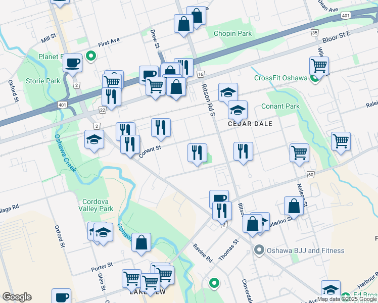 map of restaurants, bars, coffee shops, grocery stores, and more near in Oshawa