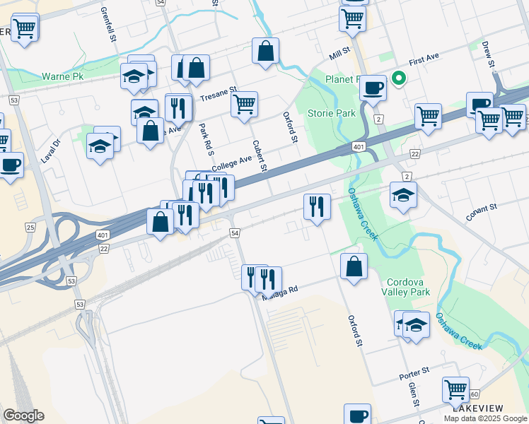 map of restaurants, bars, coffee shops, grocery stores, and more near in Oshawa