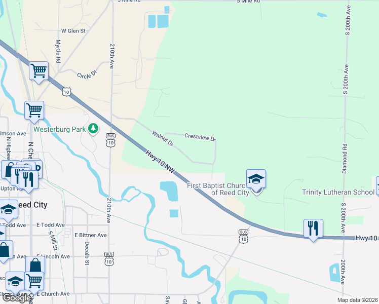 map of restaurants, bars, coffee shops, grocery stores, and more near 20597 Walnut Drive in Reed City
