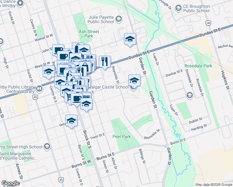 map of restaurants, bars, coffee shops, grocery stores, and more near 518 Gilbert Street East in Whitby